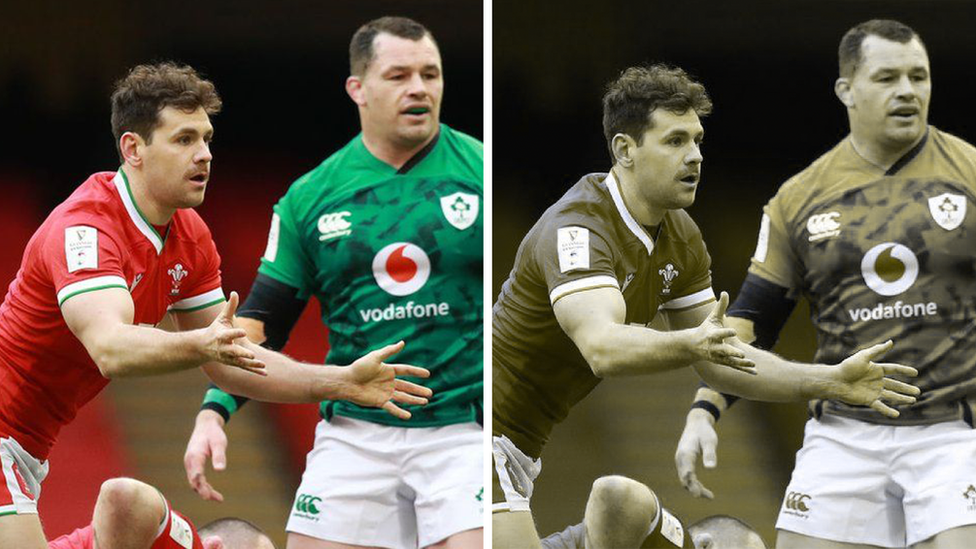 Side-by-side of a full colour image of Tomos Williams and Cian Healy, next to a mock-up of what someone with red/green colour deficiency may see