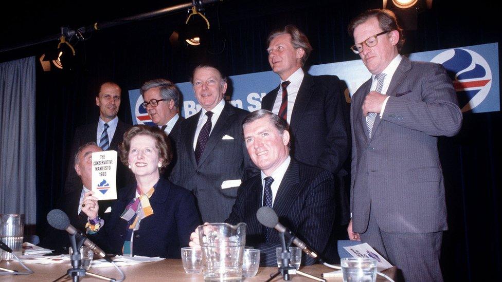 Thatcher with members of her cabinet in 1983, including Francis Pym (back row, third from left) and Michael Heseltine (back row, fourth from left)