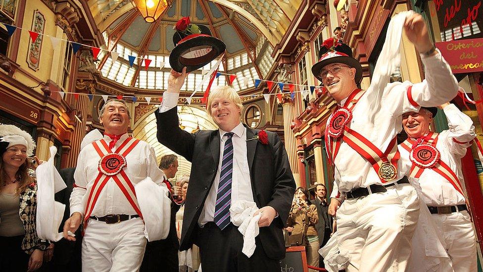 Boris Johnson (centre) with Morris dancers at a St Georges Day celebration in 2009