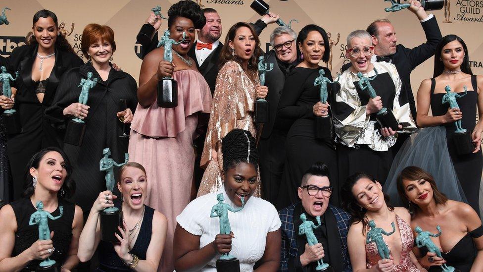 The cast of 'Orange is the New Black', winners of the Outstanding Ensemble in a Comedy Series award in the press room during the 23rd Annual Screen Actors Guild Awards at The Shrine Expo Hall on January 29, 2017