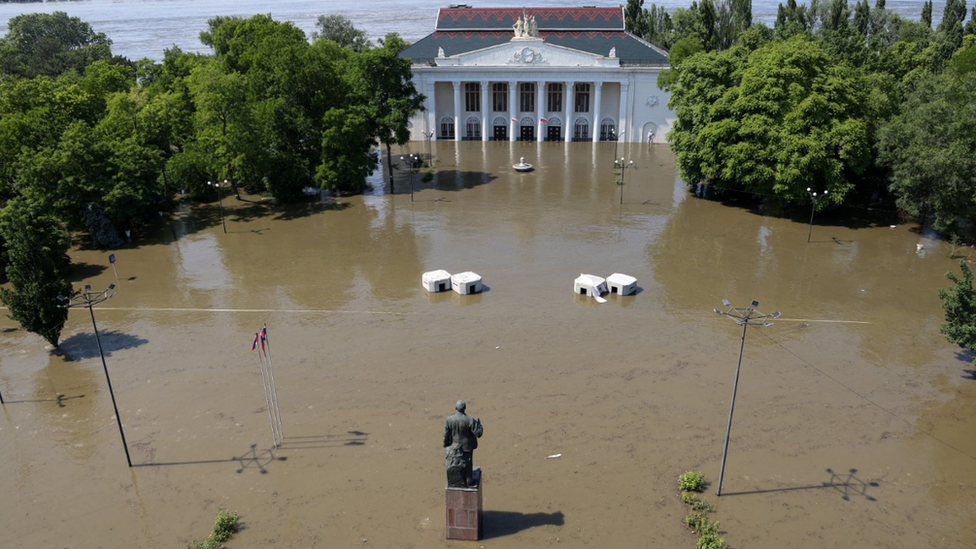 One aerial image showed floodwaters reaching the centre of Nova Kakhovka