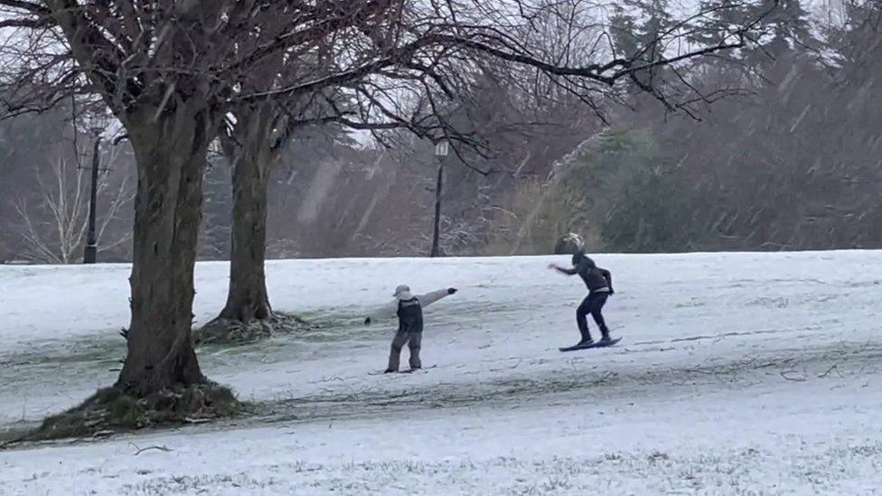 Snowboarders in Belfast