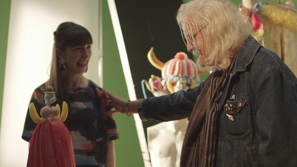 Rachel Maclean with Billy Connolly and items for his outfit for the digital print.