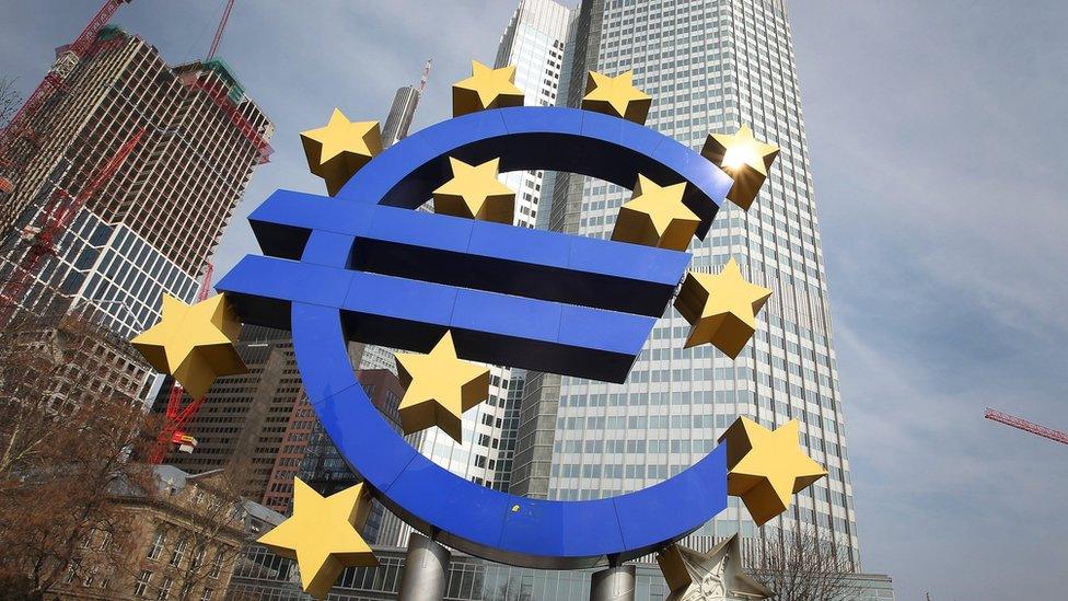 The Euro logo in front of the European Central Bank