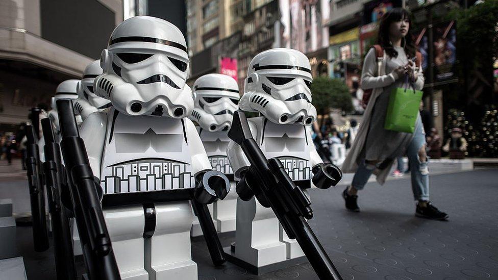 Star Wars models displayed outside a shopping mall in Hong Kong