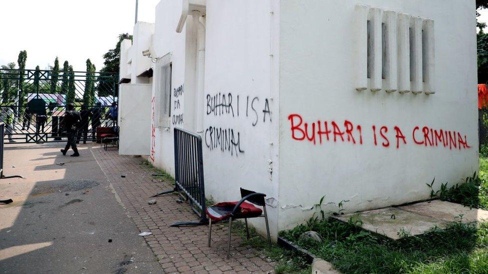 A security post vandalised by supporters of an imprisoned leader of the Islamic Movement of Nigeria (IMN) Ibrahim Zakzaky at the premises of national assembly building in Nigeria's capital Abuja, on July 9, 2019.