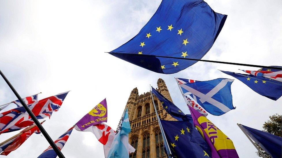 Anti-Brexit activists' EU flags are pictured alongside the Union flags of pro-Brexit activists as they demonstrate outside of the Houses of Parliament in London on 28 October 2019