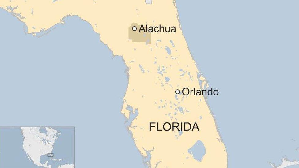 Map shows Alachua county and Orlando on a map of Florida