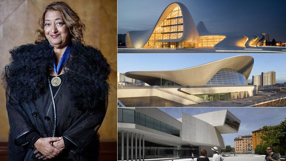 Dame Zaha Hadid with three of the buildings she has designed