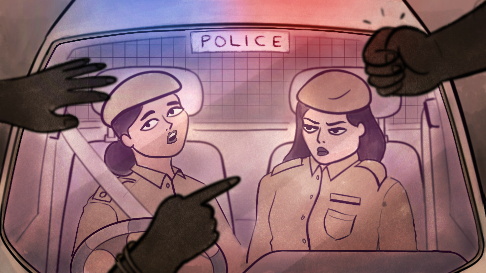 Illustration of the two women in a police car