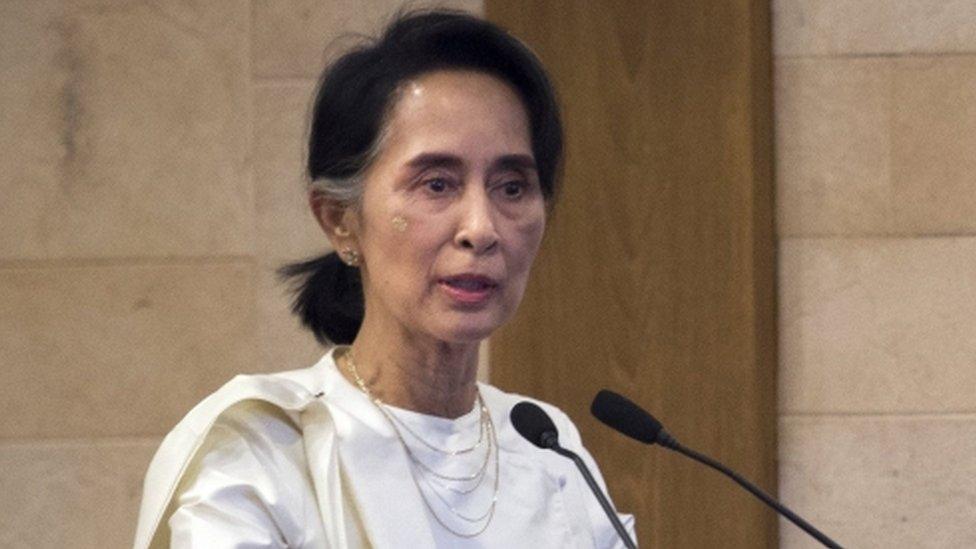 Myanmar's State Counsellor Aung San Suu Kyi pictured during a memorial ceremony for murdered lawyer Ko Ni and taxi driver Ne Win in Yangon on 26 February, 2017.