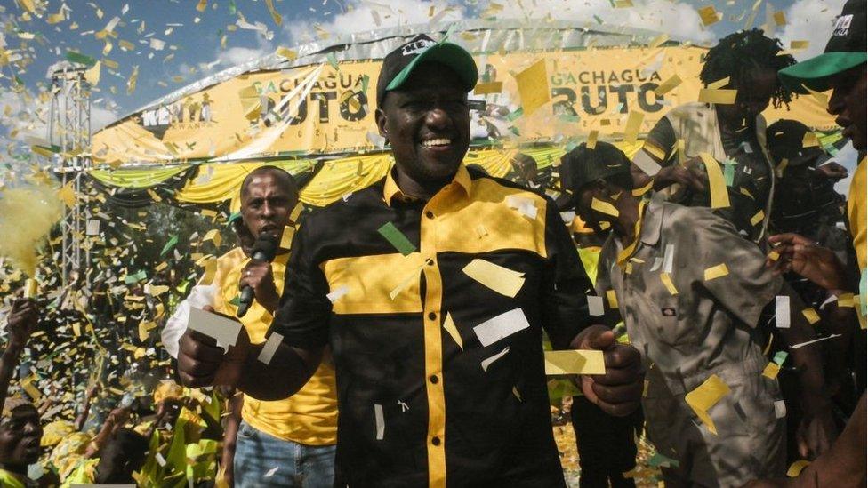 Kenya's Deputy President William Ruto (C) reacts to supporters during his first rally after being officially nominated as a Presidential candidate by the Independent Electoral and Boundaries Commission (IEBC) in Nairobi, Kenya, on June 4, 2022