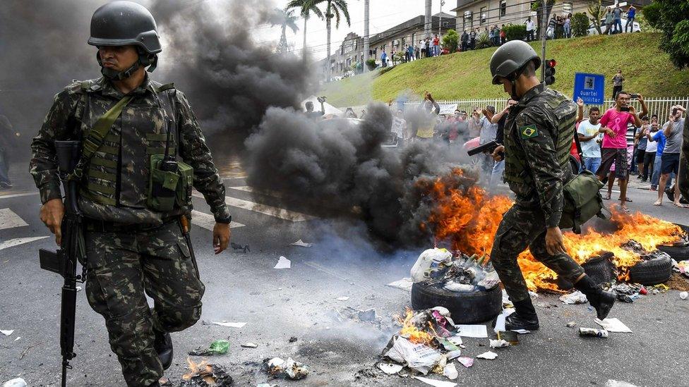 Brazilian Army on the streets during a violent protest against police strike in Vitoria, Espirito Santo, Brazil, 7 February 2017