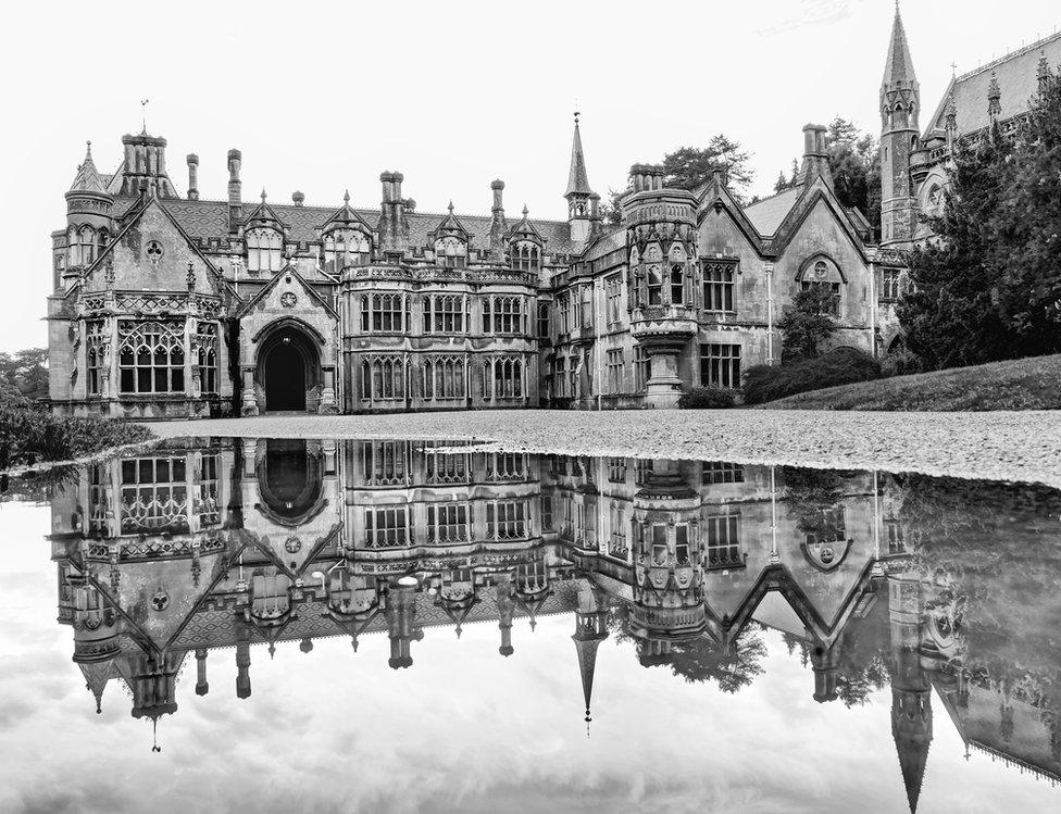 Black and white photograph of Tyntesfield house