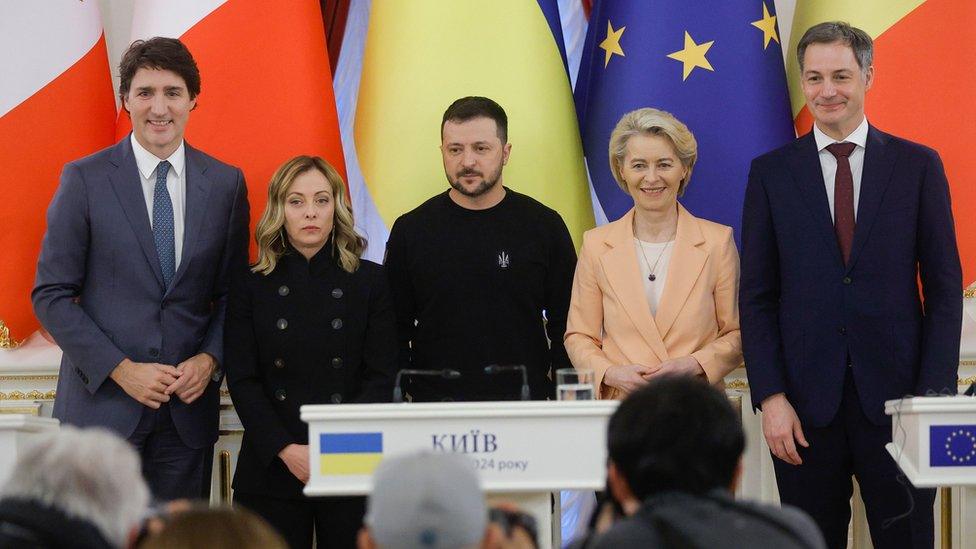 Justin Trudeau, Giorgia Meloni, Volodymyr Zelensky, Ursula von der Leyen, Alexander De Croo,