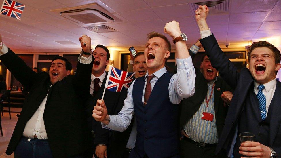 Leave.EU supporters cheer as the results of the 2016 EU referendum come in