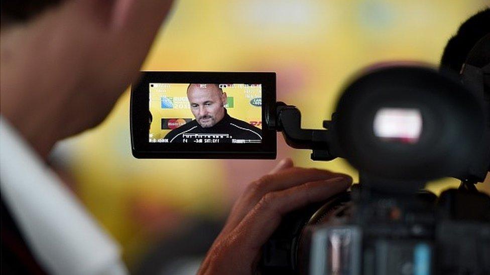 Japan's French scrum coach Marc Dal Maso on camera