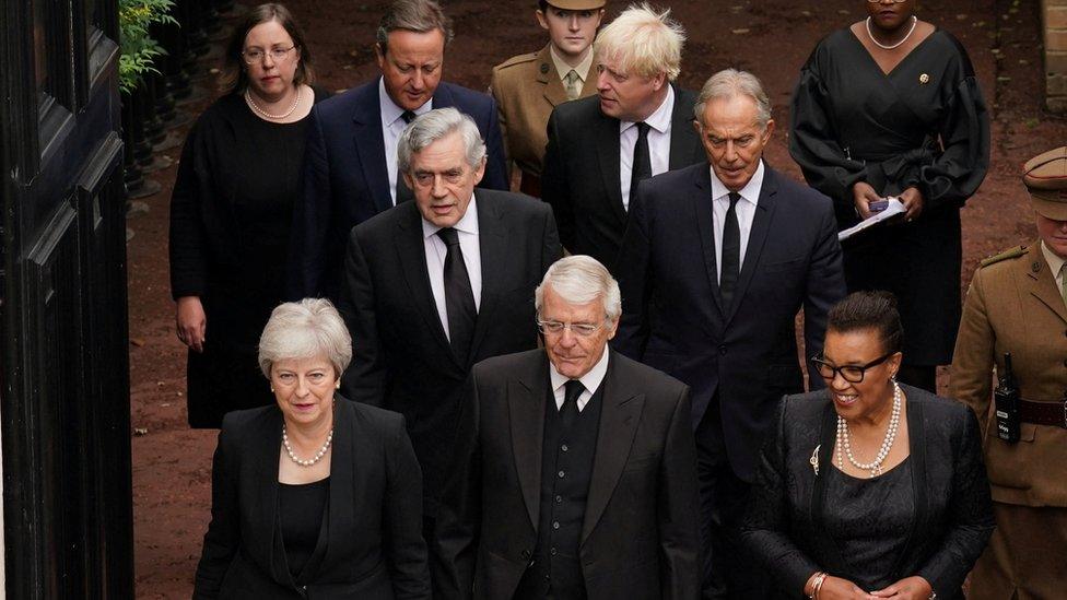 Former British Prime Ministers Theresa May, John Major, Gordon Brown, Tony Blair, David Cameron and Boris Johnson, and Baroness Scotland arrive for the Accession Council ceremony at St James's Palace, where Britain's King Charles III will be proclaimed Britain's new monarch, following the death of Queen Elizabeth II, in London, Britain September 10, 2022. Joe Giddens/Pool via REUTERS