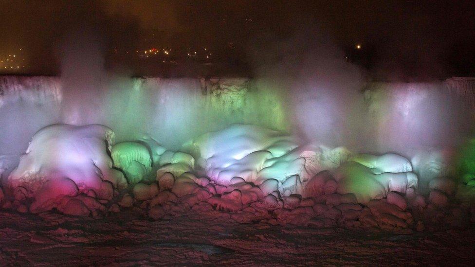 illuminated frozen niagara falls