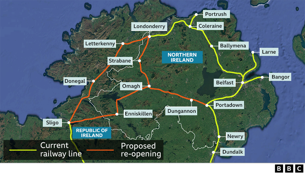 A map showing the proposals by Into The West for a north corridor railway in Northern Ireland and the north-west of the Republic of Ireland