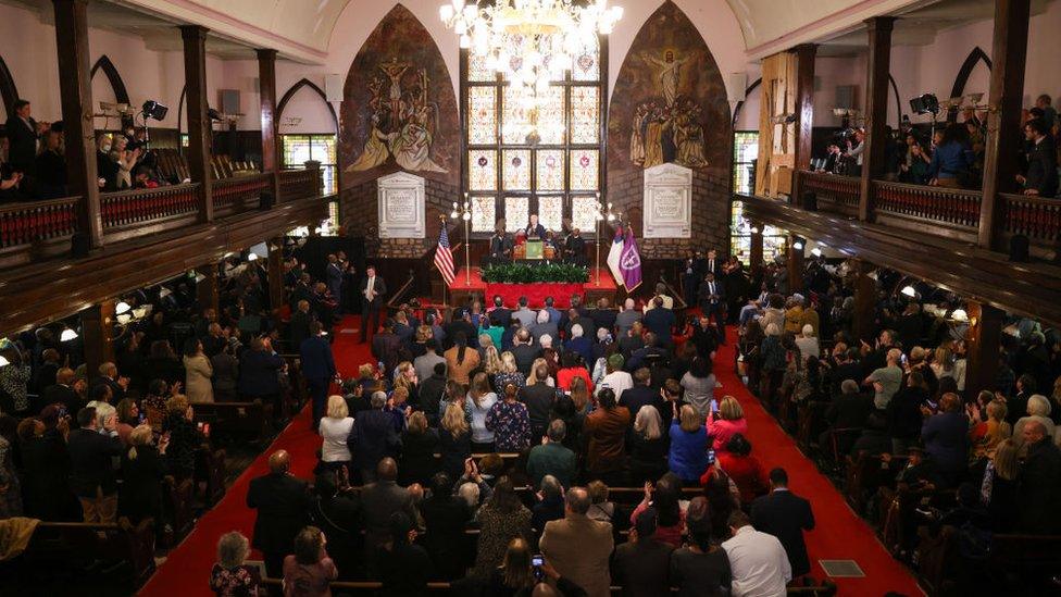 US President Joe Biden, center, during a campaign event at Mother Emanuel AME Church in Charleston, South Carolina, US, on Monday, Jan. 8, 2024. Biden's first two campaign events of the year have taken him to Pennsylvania, the state that delivered him the White House in 2020, and South Carolina, where Black Democratic voters gave him his first primary victory that year