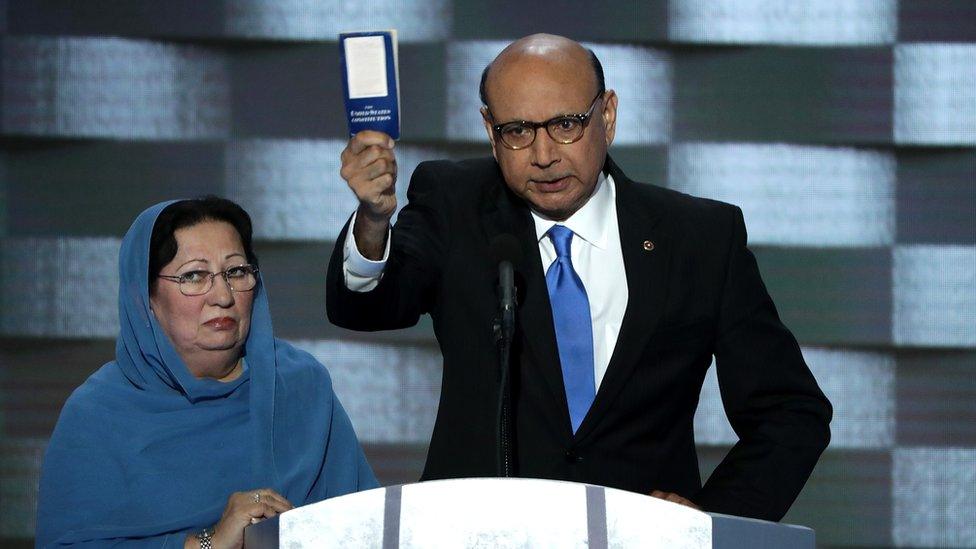 Khizr Khan, father of deceased Muslim US soldier Humayun Khan, holds up a booklet of the US Constitution as he delivers an impassioned speech at the Democratic National Convention in Philadelphia, Pennsylvania.