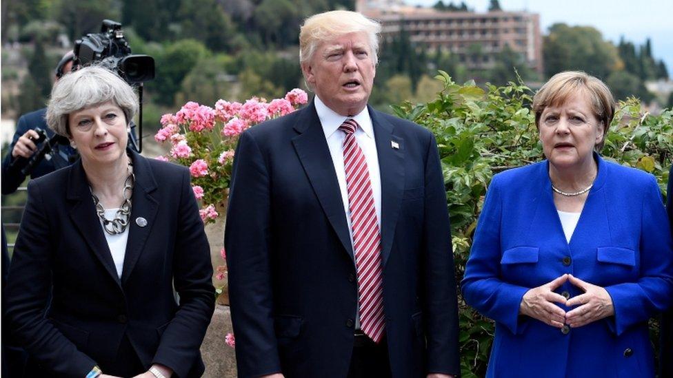 Theresa May, Donald Trump and Angela Merkel at G7 summit