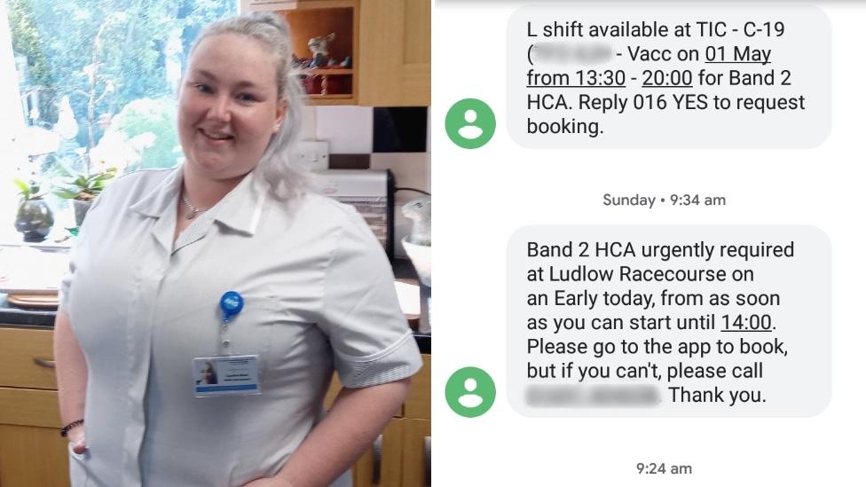 Caroline Wood in her NHS uniform and screen grab of some of the text messages she has been sent