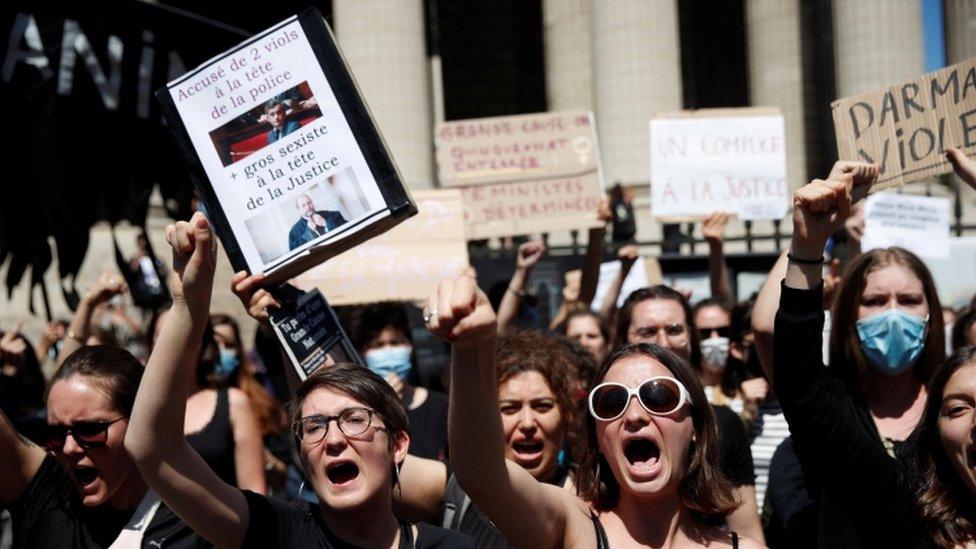 Feminist activists demonstrate outside the Madeleine Church in Paris, 7 July 2020