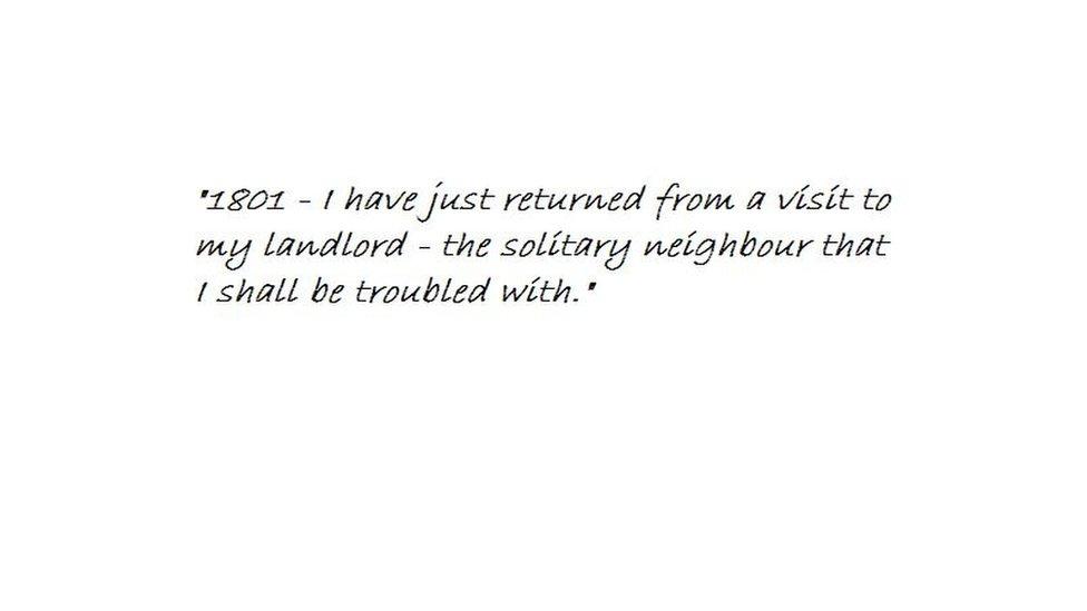 The opening paragraph from Wuthering Heights: "1801 - I have just returned from a visit to my landlord - the solitary neighbour that I shall be troubled with."