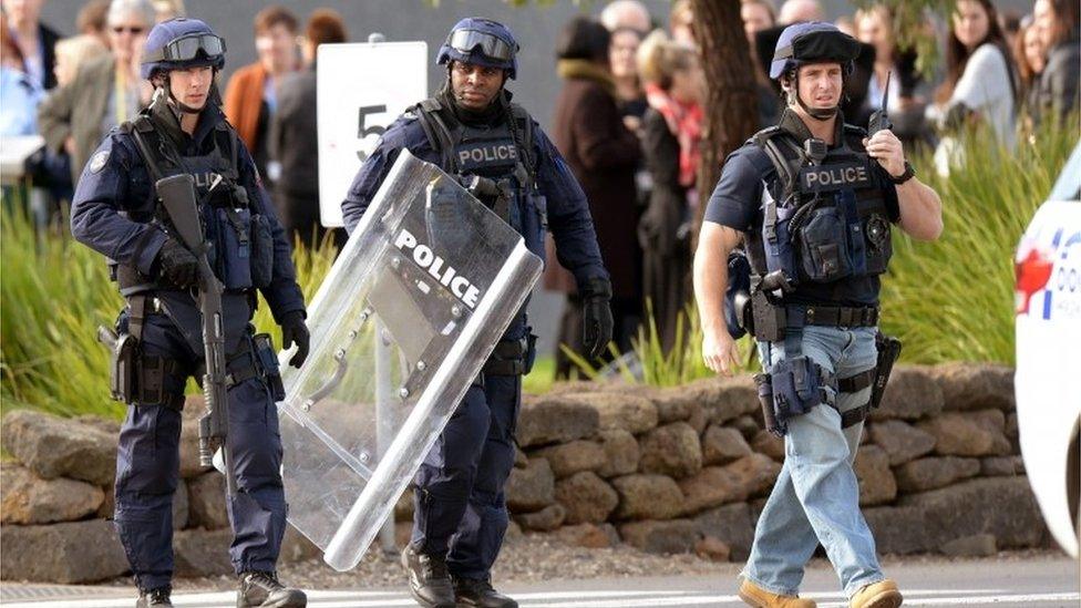 Police workers from the Critical Incident Response Team are seen outside Ravenhall Prison in Melbourne, Australia, 30 June 2015.