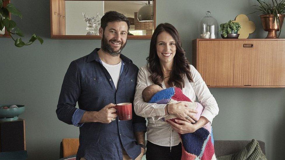 Prime Minister Jacinda Ardern and partner Clarke Gayford pose with their baby daughter Neve Gayford