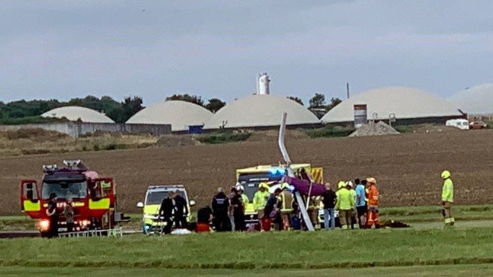 The crashed gyrocopter at Beccles Airfield