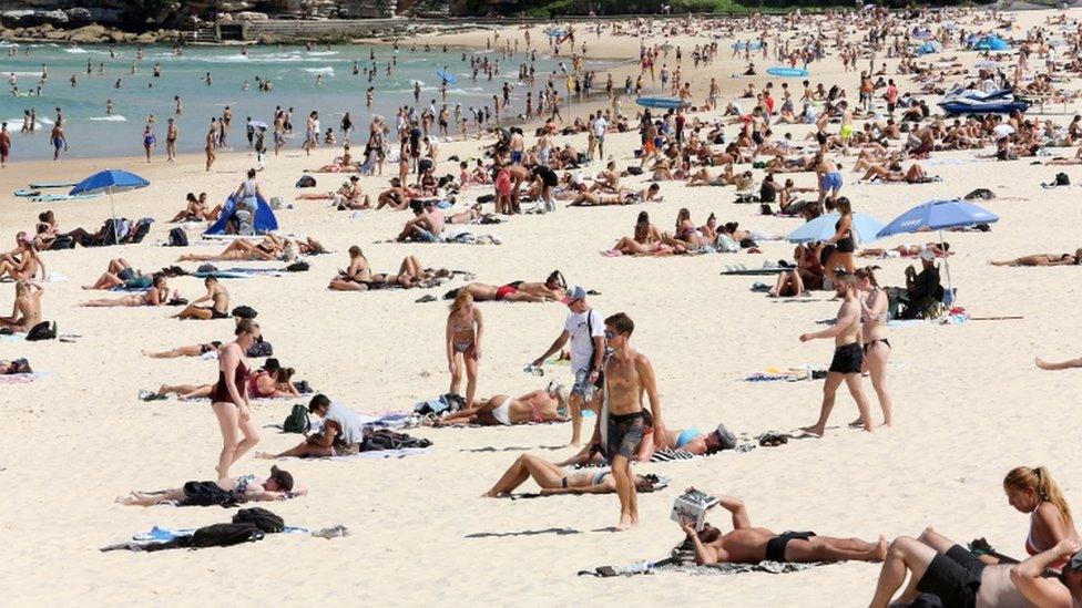 Crowds of people on Bondi Beach