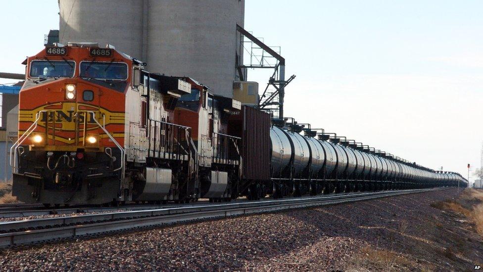 This is a photo of the type of train that is used to transport crude oil.