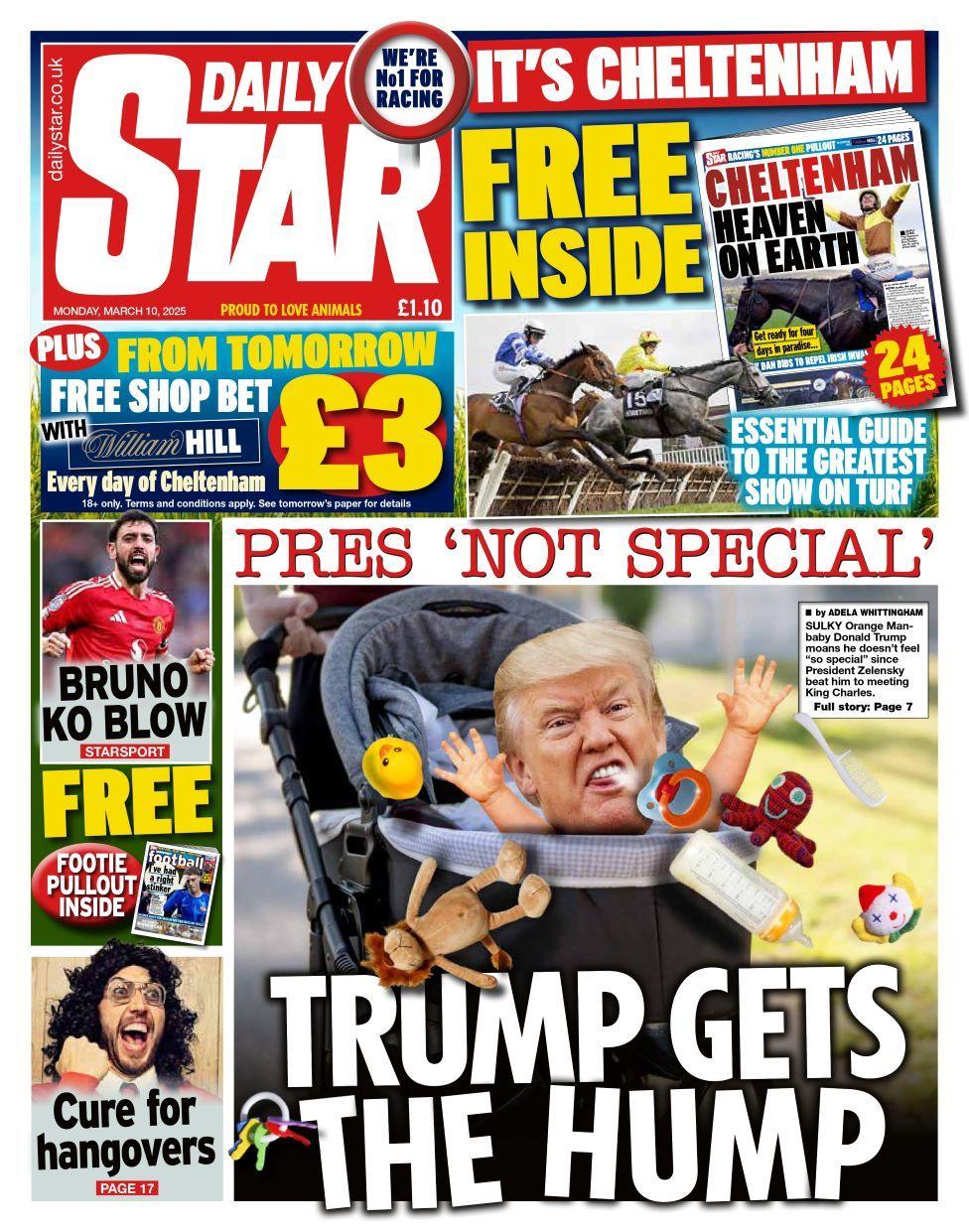 The front page of Monday 10 March's Daily Star, which depicts Trump as a baby throwing toys out of the pram in a photoshopped image.