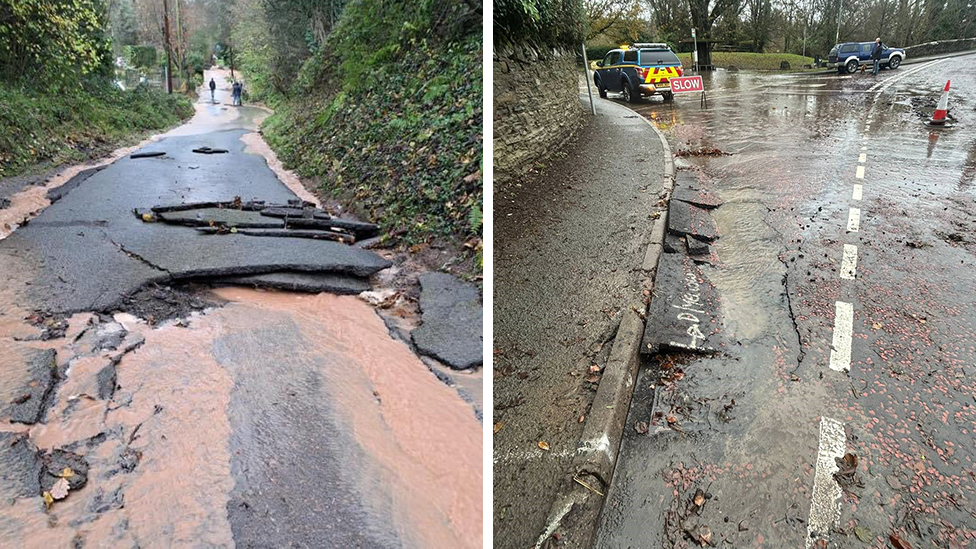 A composite image showing two damaged roads - the left is a tarmac road broken up, with large pieces of tarmac loose. The road is covered in mud and water. The image on the right shows highways vehicles parked near a junction, with the road broken up and a "slow" sign has been erected.