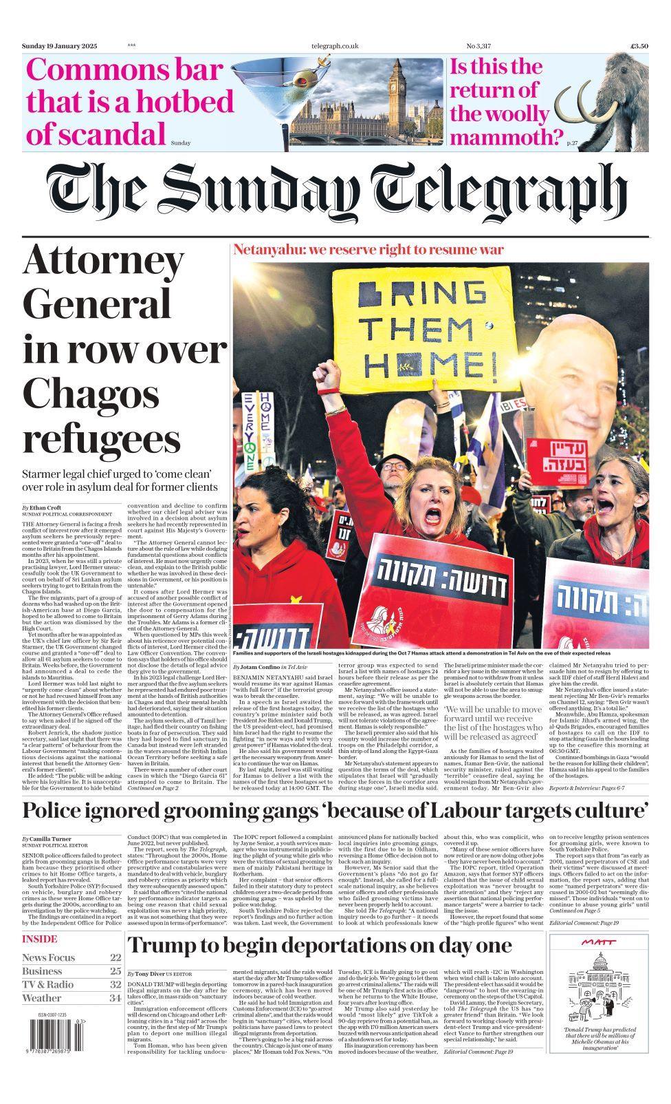 Sunday Telegraph front page on 19 January 2025