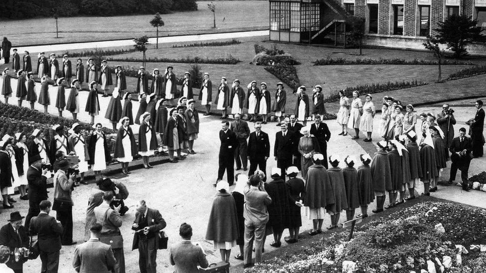 Minister of Health Aneurin Bevan at Trafford General Hospital, Manchester, on the "first day" of the NHS. Nurses and matrons