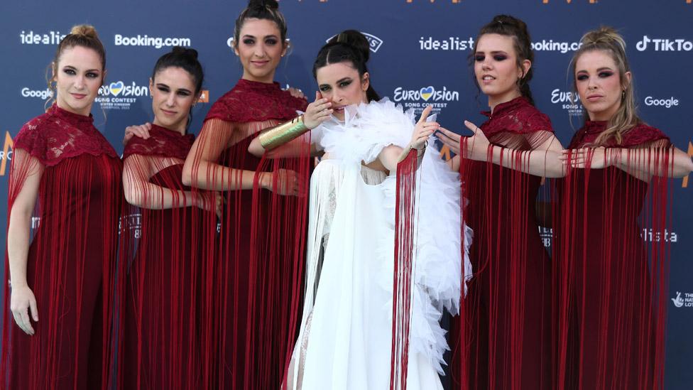 Spain's Blanca Paloma on the Eurovision turquoise carpet in Liverpool