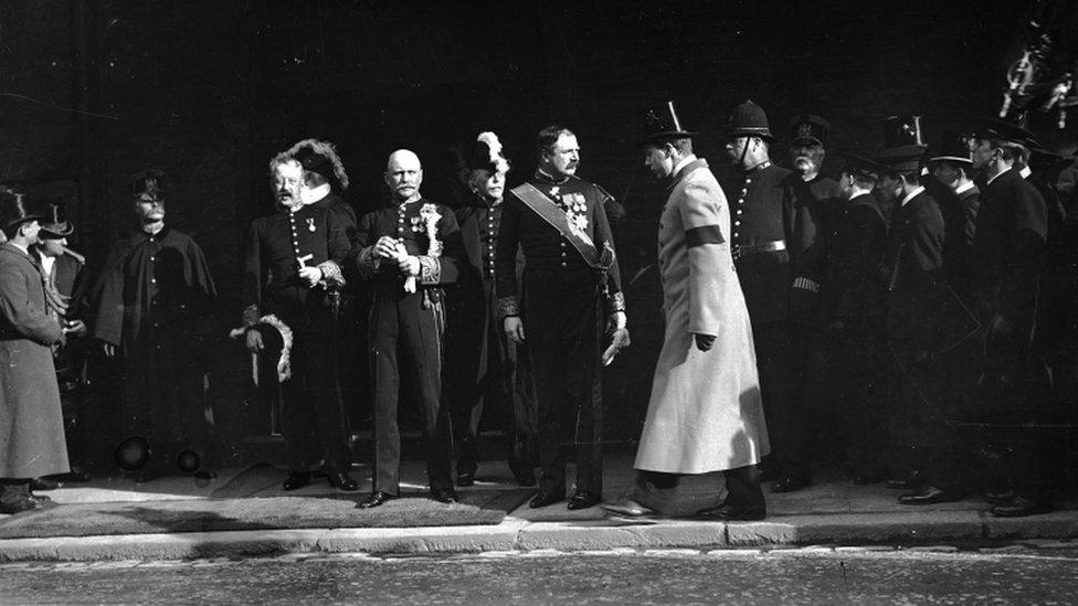 Earl of Derby, Walter Long and the Duke of Devonshire attending the first meeting of the Privy Council of King George V