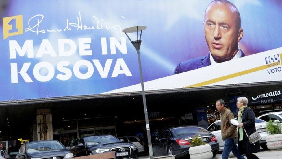 A billboard shows Ramush Haradinaj, leader of the Alliance for the Future of Kosovo (AAK) in Pristina