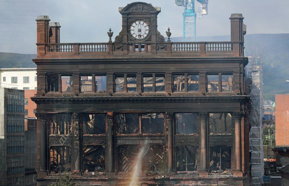 The charred Bank Buildings in Belfast city centre