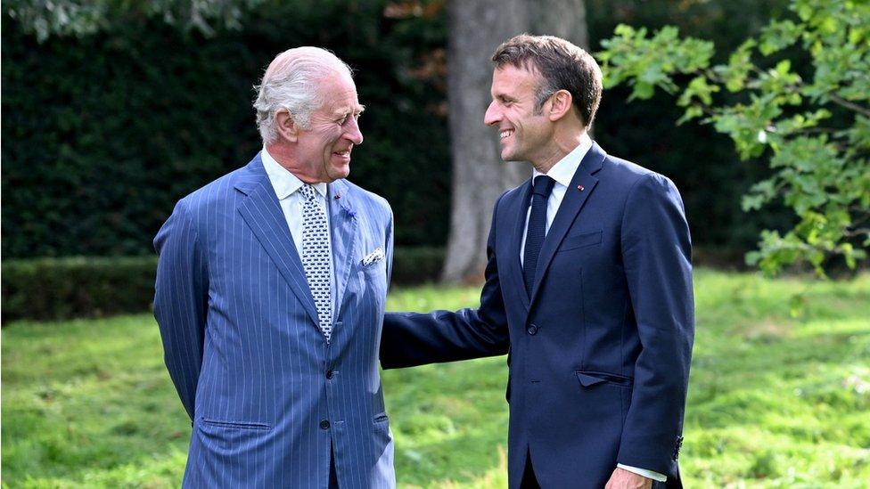 The King and Emmanuel Macron at the British Ambassador's Residence in Paris