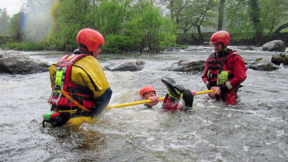 Training on the River Dee, Llangollen - members of three Gwynedd rescue teams