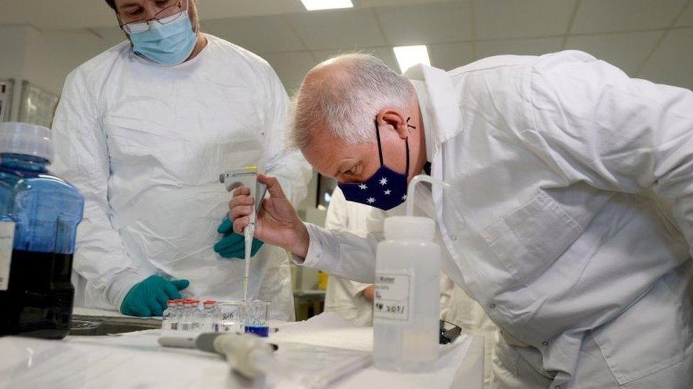 Prime Minister Scott Morrison inspects CSL's vaccine production lab in Melbourne