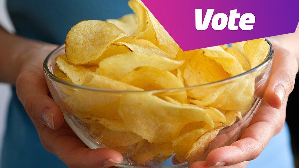 Crisps in a bowl with 'vote' graphic in the corner