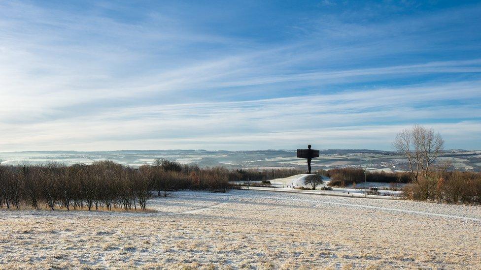 Long distance shot of the Angel of the North