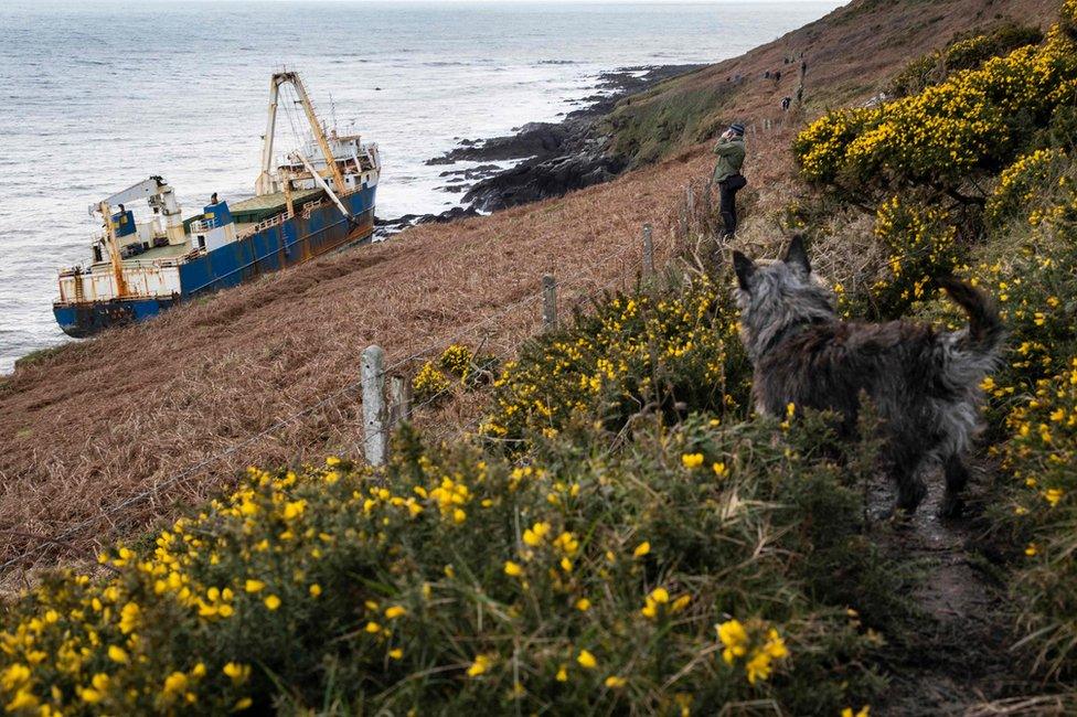 A view of the abandoned ghost ship Alta stuck on the rocks of the Irish coast