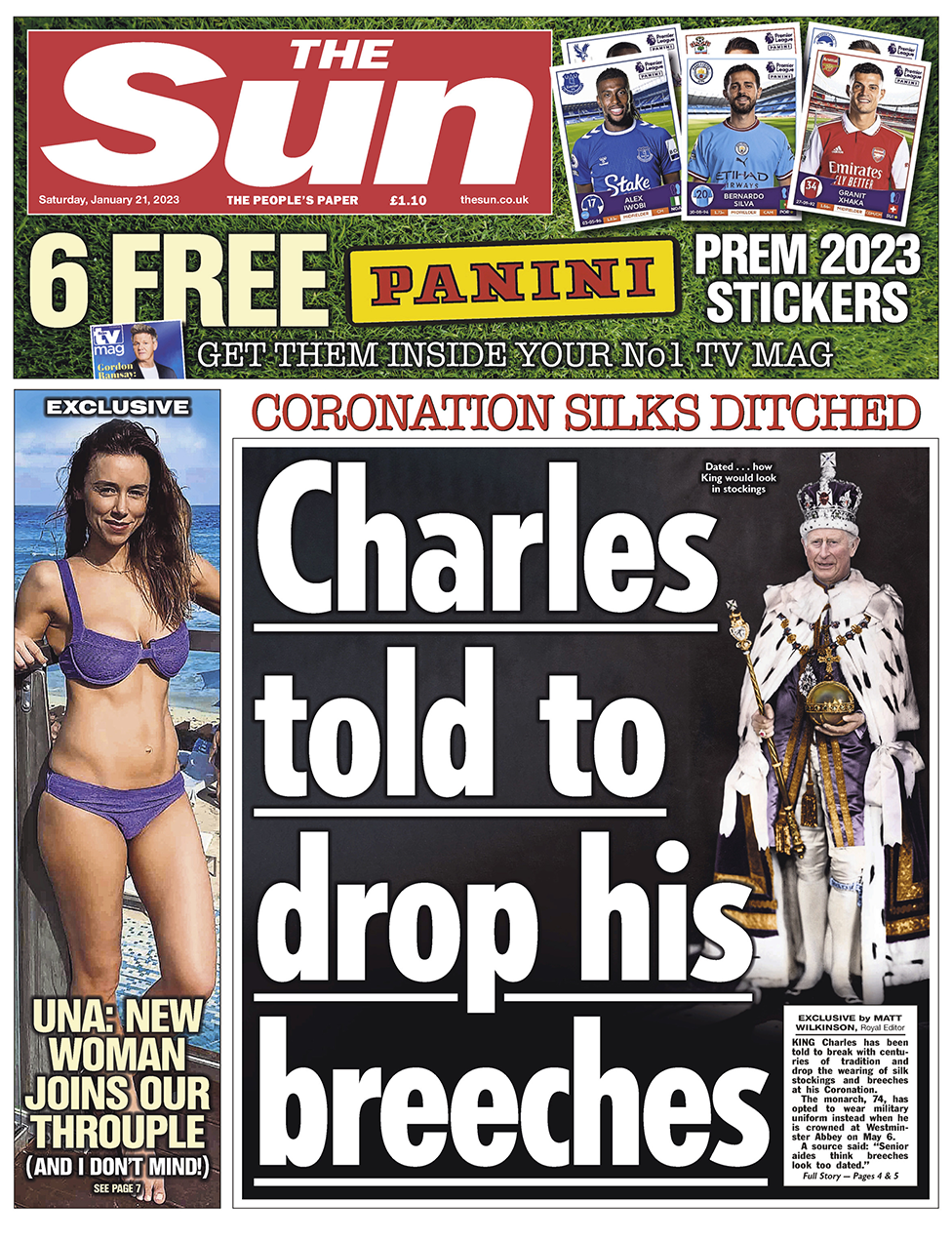 The Sun has a picture of King Charles wearing traditional royal attire, along with former member of The Saturdays pop group Una Healy.